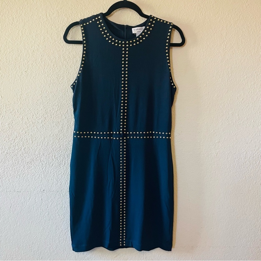 Carmen Marc Valvo navy gold stud midi dress size 6 sleeveless stretch career